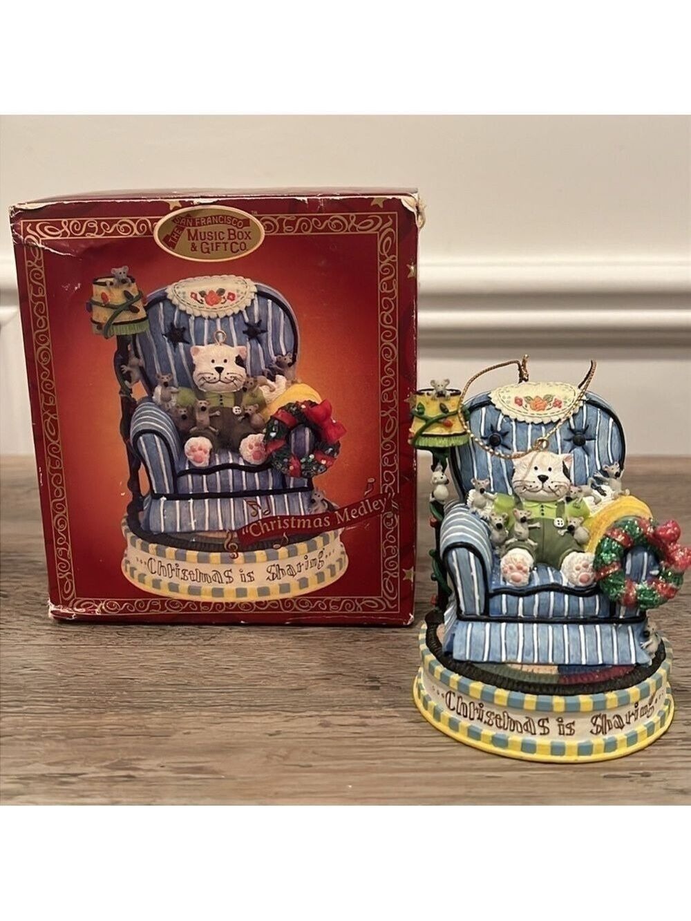 San Francisco Music Box Co. “Christmas is Sharing” Musical Ornament Cat Mouse